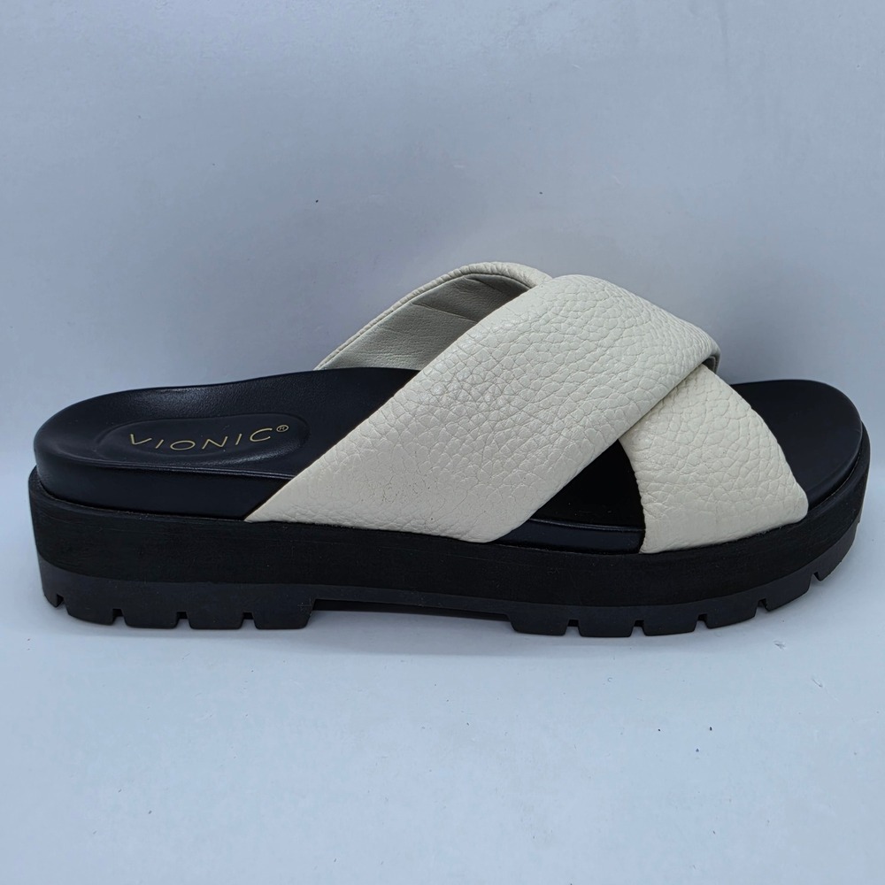 Vionic Vesta Cream Leather Crisscross Platform Slide Sandals Womens 9 Lug Sole - Picture 9 of 10